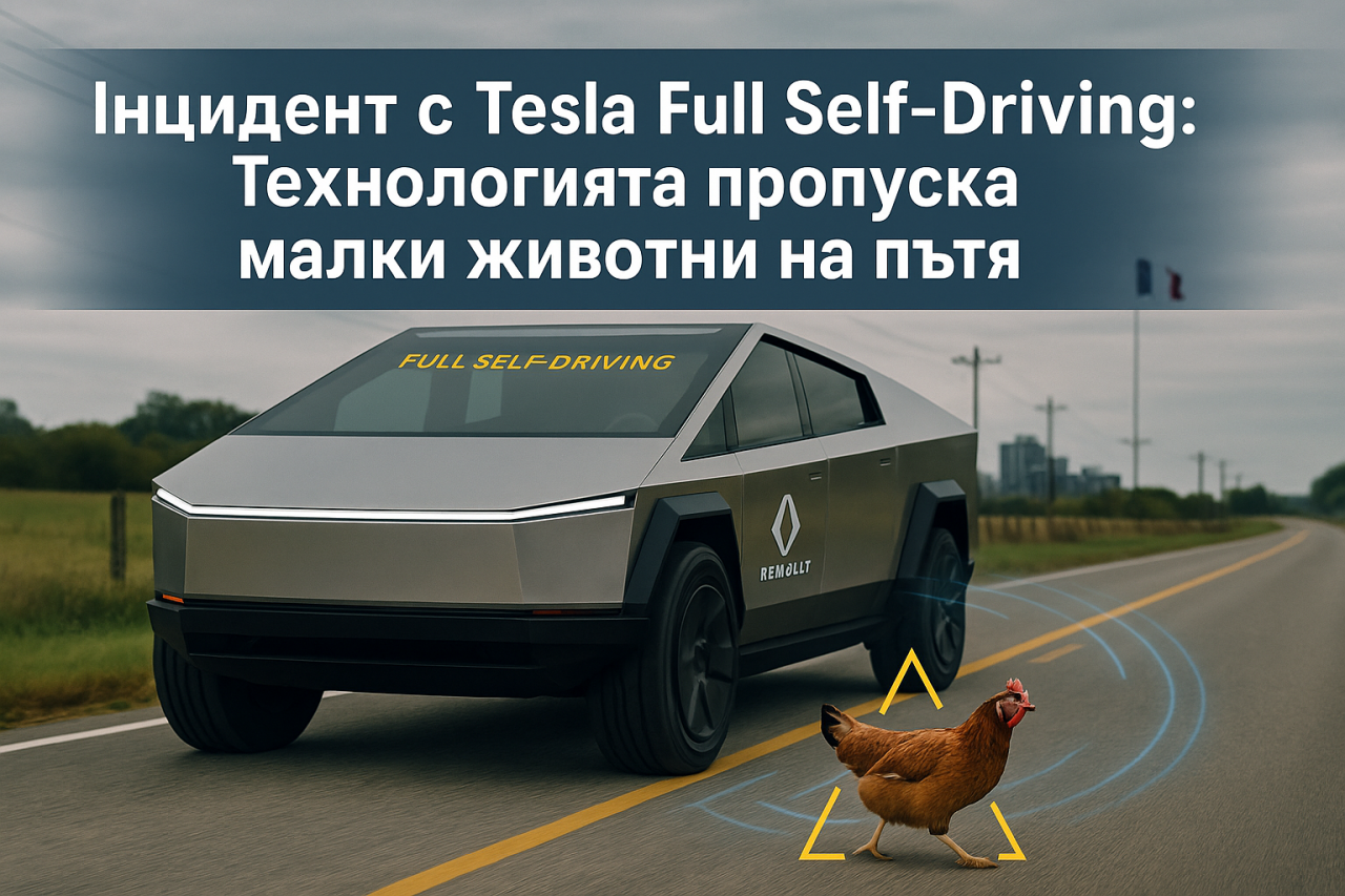 Cybertruck с FSD удря пиле и продължава пътя си Cybertruck с FSD удря пиле и продължава пътя си