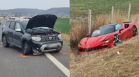 Най-мощното Ferrari се озова в канавка след удар с Dacia